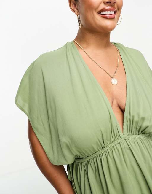 ASOS DESIGN Curve - Kakigrøn maxi-strandkjole med flagrende ærmer og bindedetalje, 4 af 4