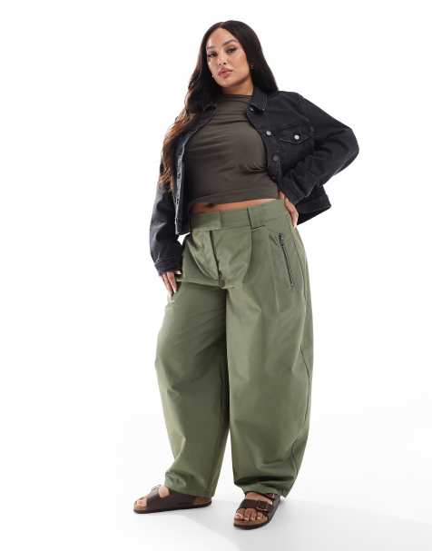 ASOS DESIGN Curve - Kakigrønne bukser med buede ben og lynlåsdetalje - view 1