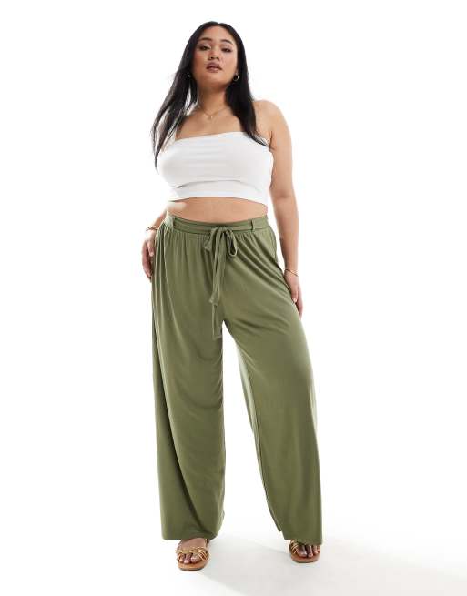 ASOS DESIGN Curve – Kakigröna byxor med vida ben och knytskärp