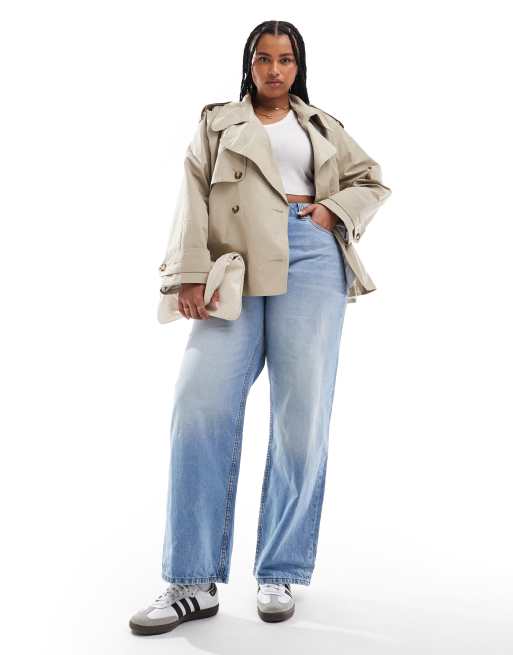 ASOS DESIGN Curve – Kamiennobeżowy krótki prochowiec oversize z paskiem, 2 z 4