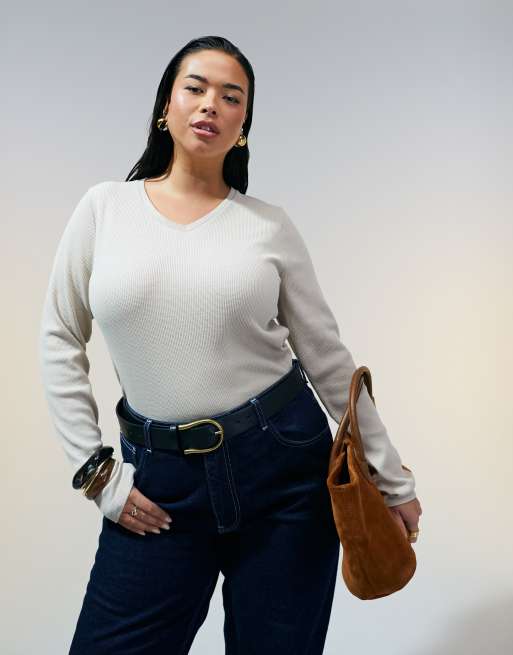 ASOS DESIGN Curve – Kamiennobeżowy top z małym dekoltem w szpic i długimi rękawami o fakturze wafla