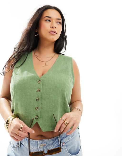 ASOS DESIGN Curve – Kamizelka z domieszką lnu w kolorze khaki