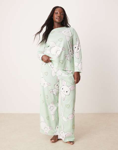 ASOS DESIGN Curve – Kaninmönstrad pyjamas med långärmad topp och byxor - view 1