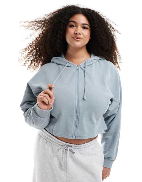 ASOS DESIGN Curve – Kapuzenpullover in blauer Waschung mit Ziernähten und durchgehendem Reißverschluss - view 1
