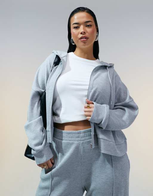 ASOS DESIGN Curve – Kapuzenpullover in meliertem Grau mit Waffelstruktur, Kombiteil