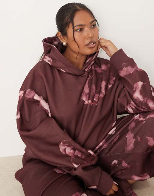 ASOS DESIGN Curve – Kapuzenpullover in Pflaume mit All-over-Blumenmuster, Kombiteil, 3 von 4