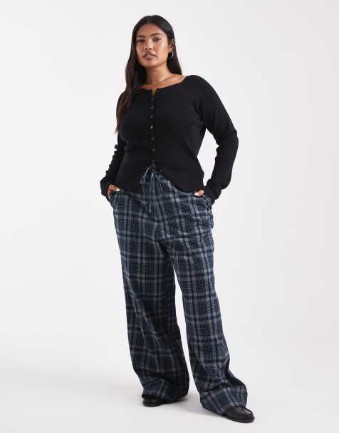 ASOS DESIGN Curve – Karierte, gebürstete Hose in Marineblau mit weitem Bein und Bindedetail an der Taille - view 1