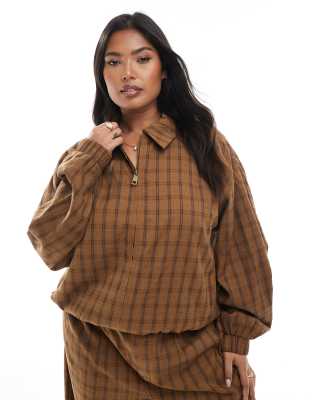 ASOS DESIGN Curve - Karierte Jacke in Senfgelb mit Ballonsaum, Kombiteil