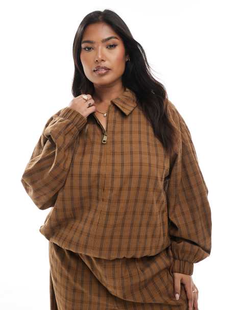 ASOS DESIGN Curve – Karierte Jacke in Senfgelb mit Ballonsaum, Kombiteil - view 1
