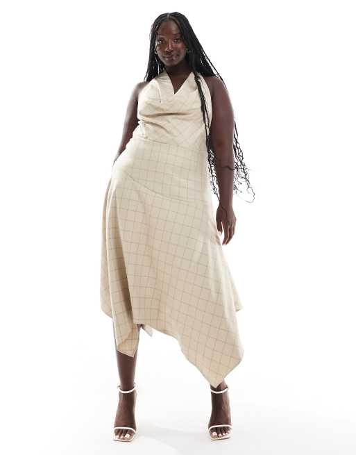 ASOS DESIGN Curve – Kariertes Midikleid mit Wasserfallausschnitt, Neckholder und weitem Rock