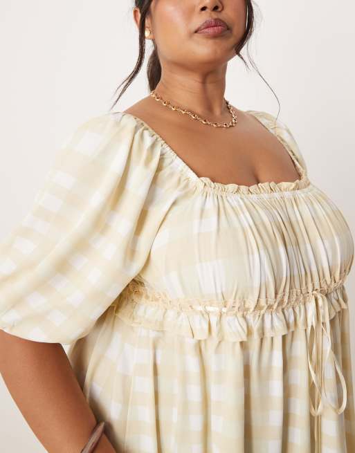 ASOS DESIGN Curve – Kariertes Mini-Hängerkleid in Gelb mit eckigem Ausschnitt und Puffärmeln, 3 von 4