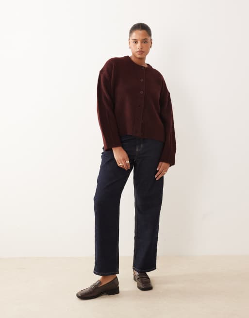 ASOS DESIGN Curve – Kastige Strickjacke in Pflaume mit Rundhalsausschnitt und seitlichem Schlitz, 2 von 4