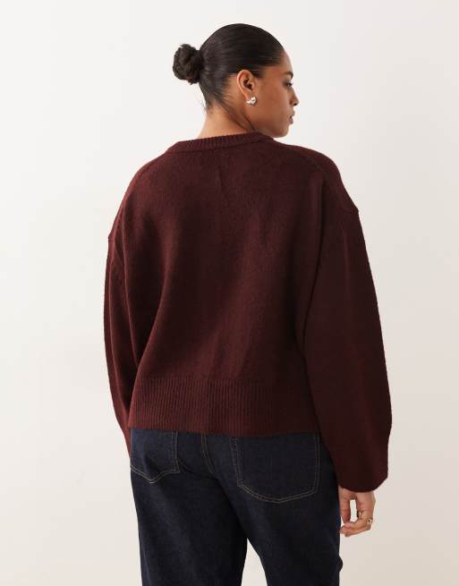 ASOS DESIGN Curve – Kastige Strickjacke in Pflaume mit Rundhalsausschnitt und seitlichem Schlitz, 3 von 4