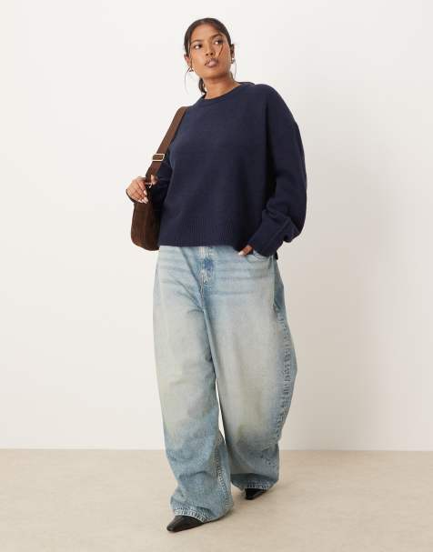 ASOS DESIGN Curve – Kastiger Pullover in Marineblau mit Rundhalsausschnitt und Seitenschlitz - view 1