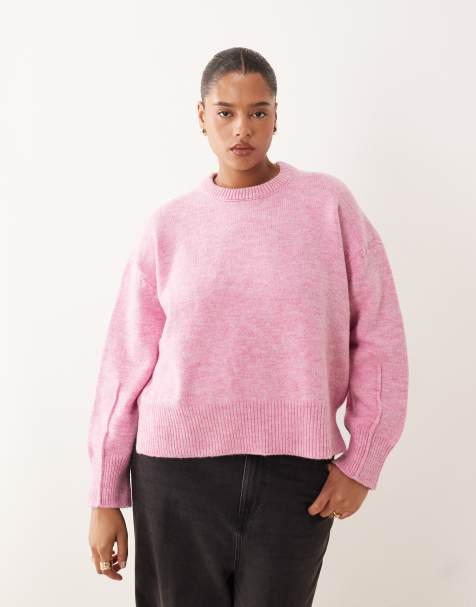 ASOS DESIGN Curve – Kastiger Pullover in Rosa mit Rundhalsausschnitt und Seitenschlitz - view 1