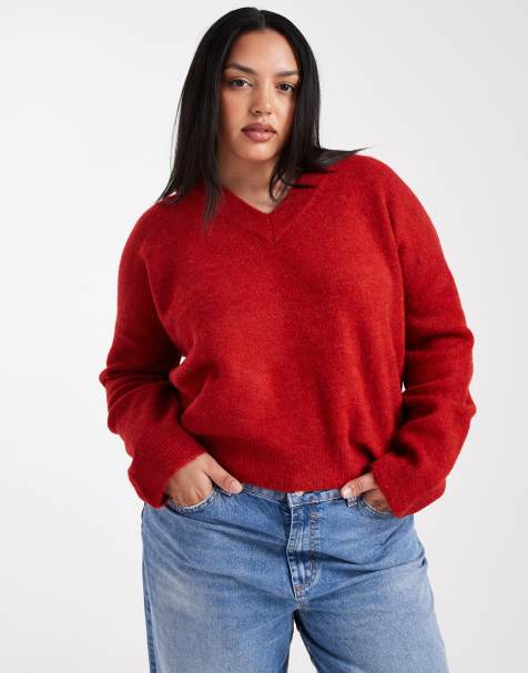 ASOS DESIGN Curve – Kastiger Strickpullover in Rot mit V-Ausschnitt - view 1