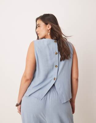 ASOS DESIGN Curve - Kastiges Oberteil mit Leinenanteil in Blau, Kombiteil