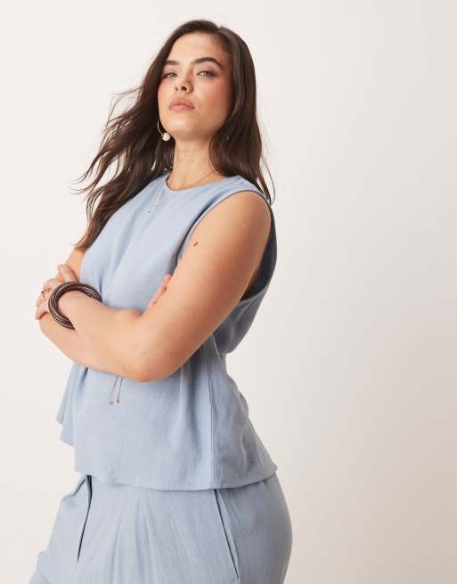 ASOS DESIGN Curve – Kastiges Oberteil mit Leinenanteil in Blau, Kombiteil, 2 von 4