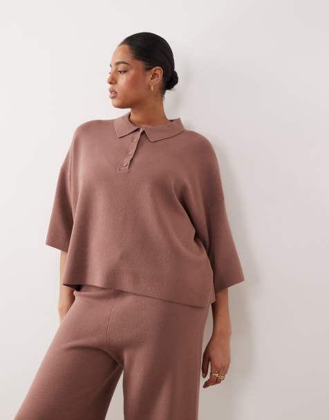 ASOS DESIGN Curve – Kastiges Strick-Polohemd in Mokka - view 1