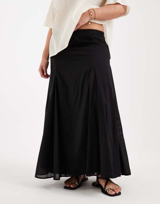 ASOS DESIGN Curve - Katoenen maxirok met godetplooien in zwart, 2 van 5