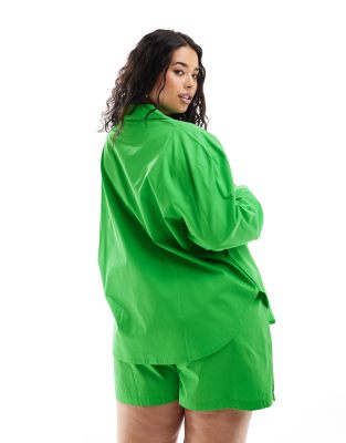 Asos Curve Asos Design Curve Kaye Cotton Long Sleeve Beach Shirt In Green