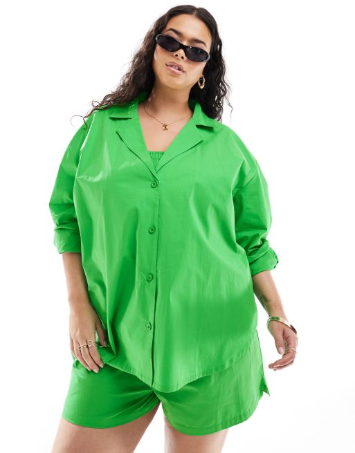 ASOS DESIGN Curve Kaye cotton long sleeve beach shirt in bright green, 4 of 4