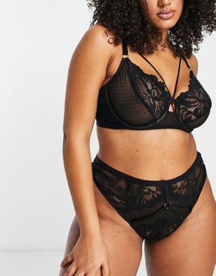 ASOS DESIGN Curve Kaye lace and spot high waisted thong in black