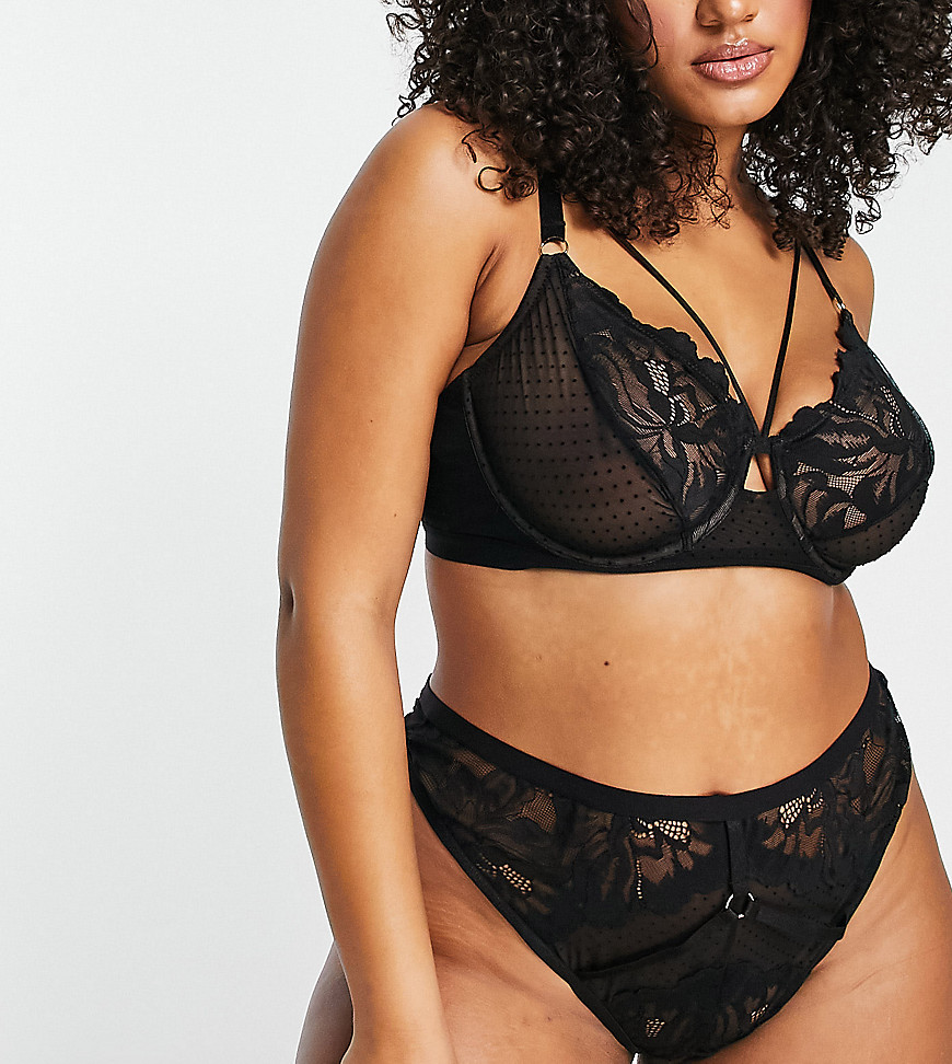 ASOS DESIGN Curve Kaye lace and spot high waisted thong in black