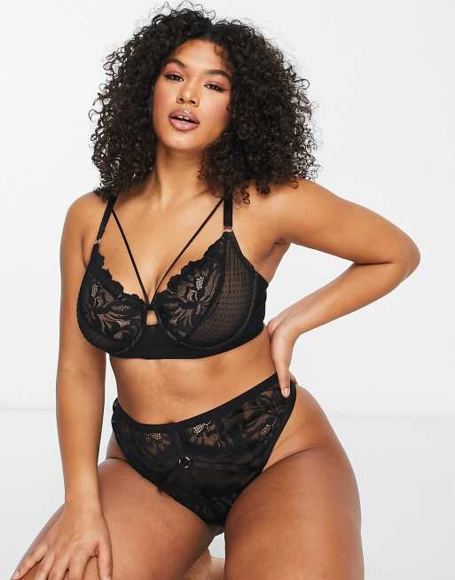 ASOS DESIGN Curve - Kaye - Reggiseno con ferretto nero in pizzo e rete a pois