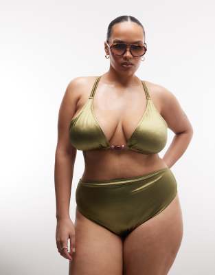 Asos Curve Asos Design Curve Keira High Shine High Apex Triangle Bikini Top With Strappy Back And Bead Detail In Green