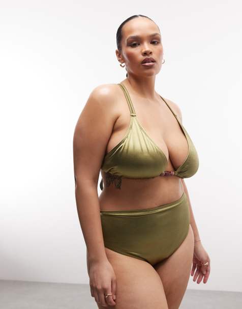 ASOS DESIGN Curve Keira high shine high bikini in olive - view 1