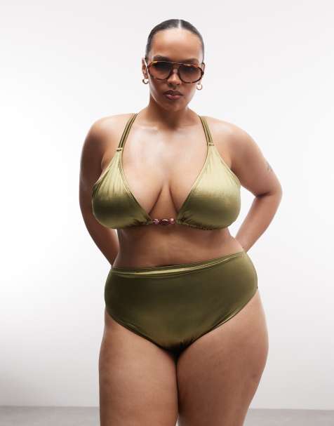 ASOS DESIGN Curve Keira high shine high leg high waist bikini bottoms in olive - view 1