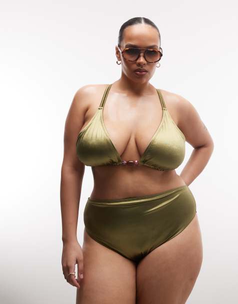 ASOS DESIGN Curve - Keira - Olivengrøn skinnende trekantsbikinitop med høje spidser og stropper på ryggen med perledetaljer - view 1