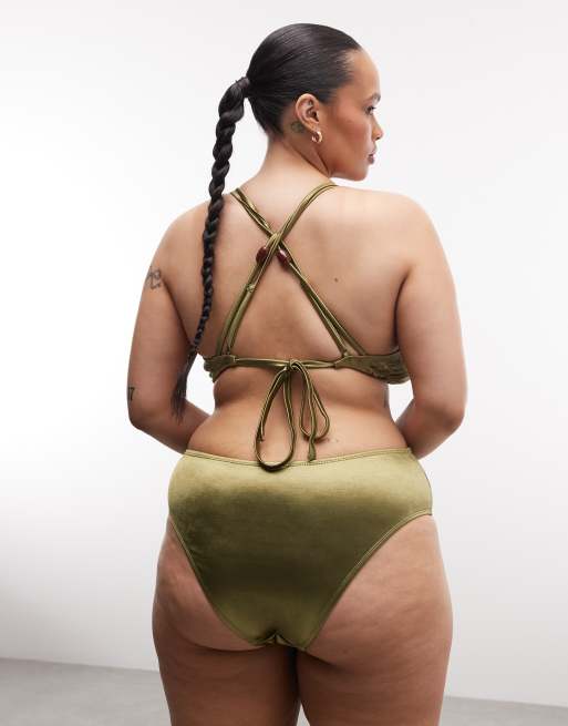 ASOS DESIGN Curve – Keira – Olivgrön, högglansig bikiniunderdel med hög midja och benskärning, 2 av 4