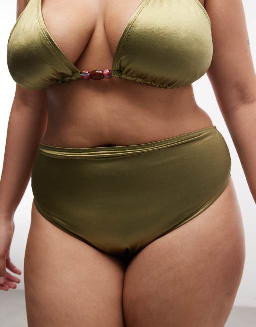 ASOS DESIGN Curve – Keira – Olivgrön, högglansig bikiniunderdel med hög midja och benskärning, 3 av 4