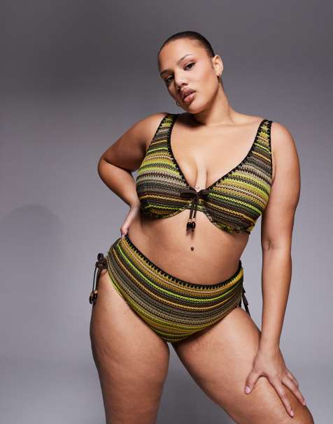 ASOS DESIGN Curve Kenny crochet Sierra high waisted bikini bottom with ties in multi stripe - view 1