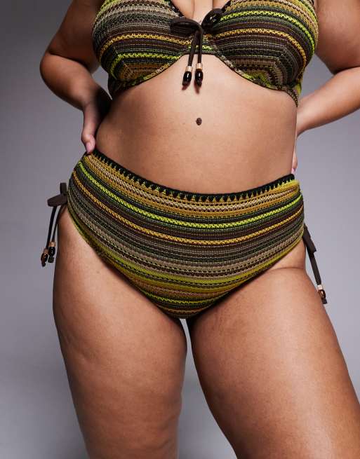 ASOS DESIGN Curve Kenny crochet Sierra high waisted bikini bottoms with ties in multi stripes, 2 of 4