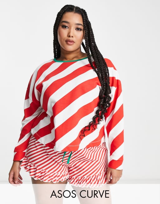 ASOS DESIGN Curve - Kerstmis - Gestreepte pyjamaset met ruimvallende sweater en short in rood en wit