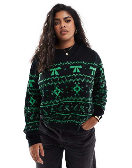 ASOS DESIGN Curve - Kersttrui met ronde hals en Fair Isle-patroon in zwart en groen