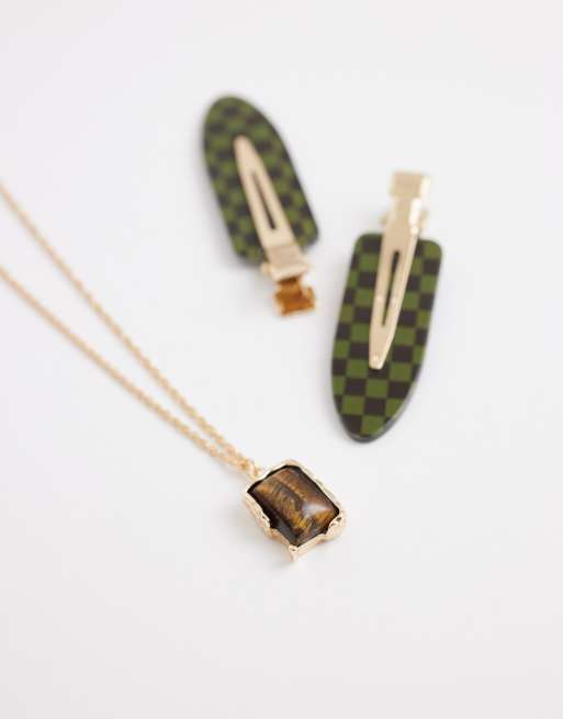 ASOS DESIGN Curve - Ketting met hangertje van halfedelstenen tijgeroog in goudkleur, 2 van 4