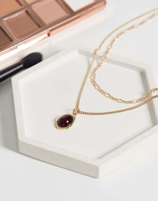 ASOS DESIGN Curve ketting met meerdere rijen en bordeauxrode hanger, 2 van 4