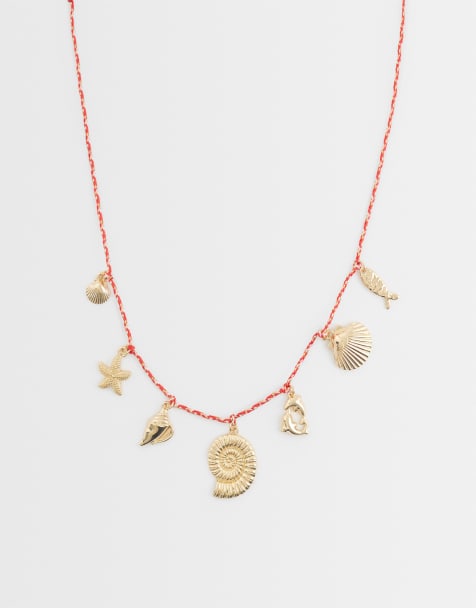 ASOS DESIGN Curve - Ketting van rood koord met zeehangertjes in goudkleur - view 1