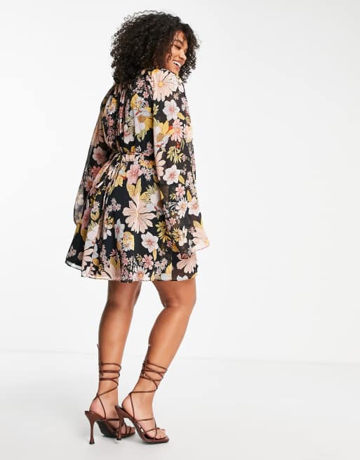 ASOS DESIGN Curve keyhole front belted mini skater dress in retro floral print, 2 of 4