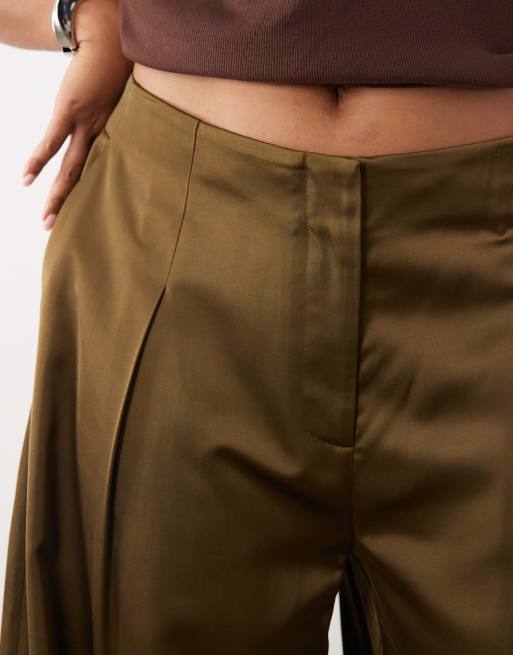 ASOS DESIGN Curve - Khaki skræddersyede bukser med brede ben i satin, 5 af 5