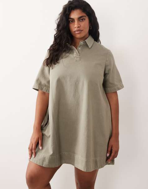 ASOS DESIGN Curve – Khakifärgad, a-linjeformad pikéklänning i denim - view 1