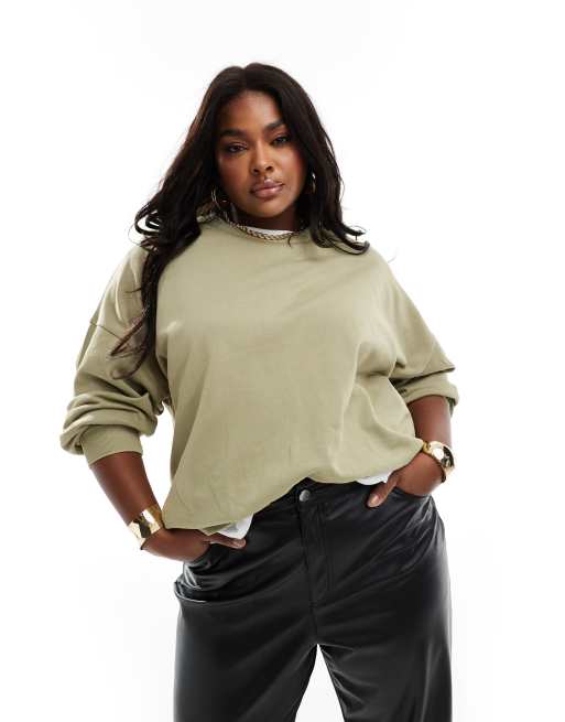 ASOS DESIGN Curve – Khakifärgad sweatshirt i tvättad finish