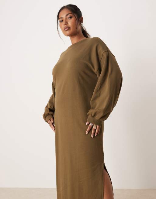 ASOS DESIGN Curve – Khakifärgad sweatshirtklänning av bomull i midilängd med ballongärmar, 3 av 4