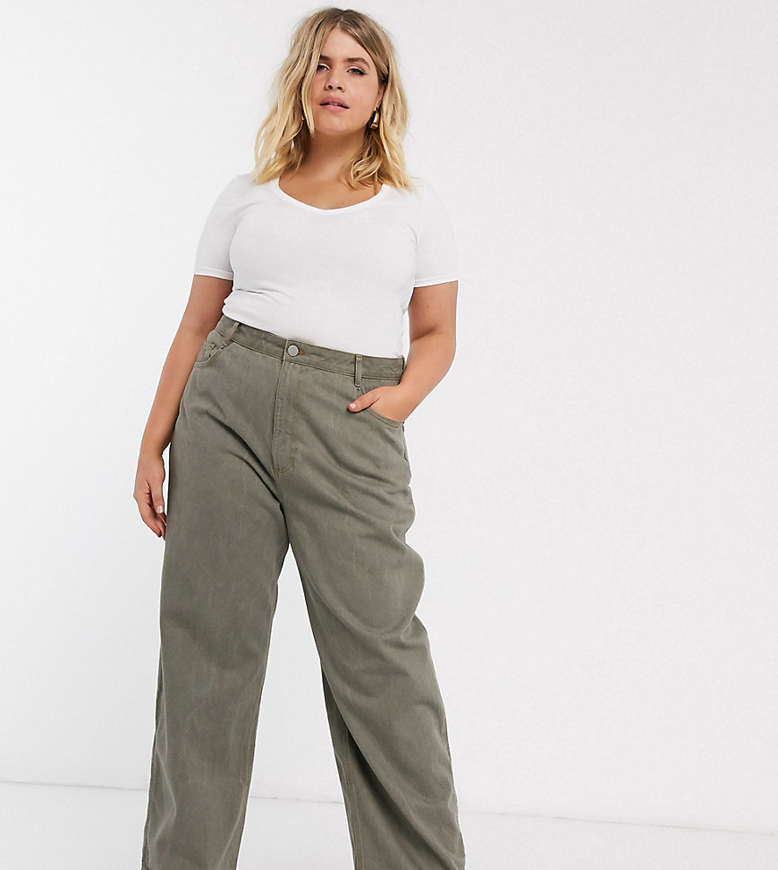 ASOS DESIGN Curve – Khakifärgade avslappnade dad jeans med hög midja-Grön
