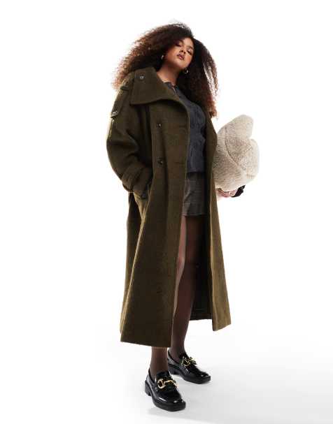 ASOS DESIGN Curve – Khakigrön, borstad trenchcoat med ståkrage - view 1