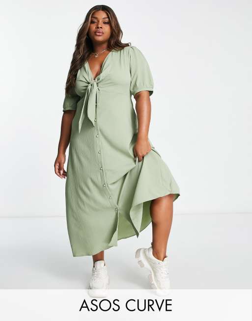 ASOS DESIGN - Curve – Khakigrön midiklänning med knäppning och knytning framtill